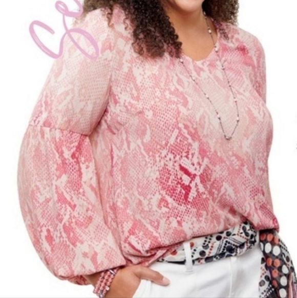 CAbi Tops - Cabi Bethany Pink White Snake Print Balloon Sleeve Blouse V-Neck Size Medium